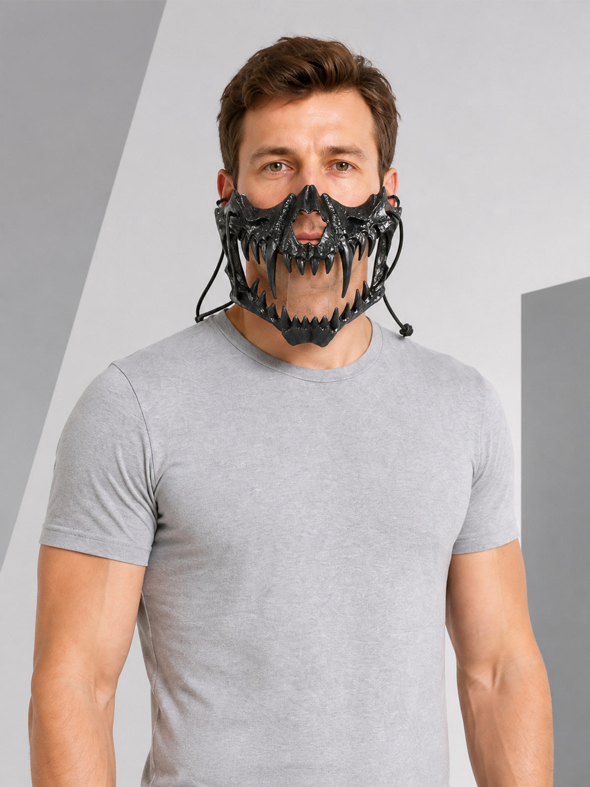 Black Halloween Skull Mask with Fangs, Half-Mask