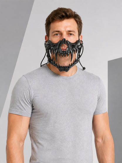 Black Halloween Skull Mask with Fangs, Half-Mask