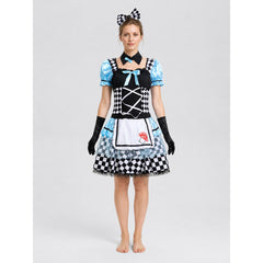 Puffy Carnival Dress with Checkerboard Print and Mushrooms