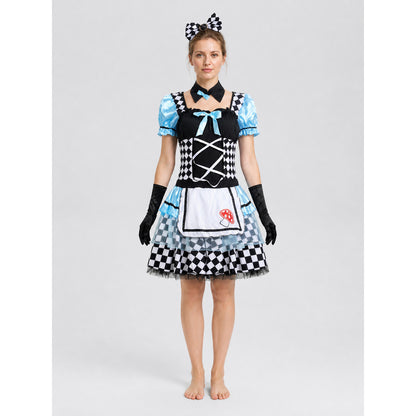 Puffy Carnival Dress with Checkerboard Print and Mushrooms on-model view