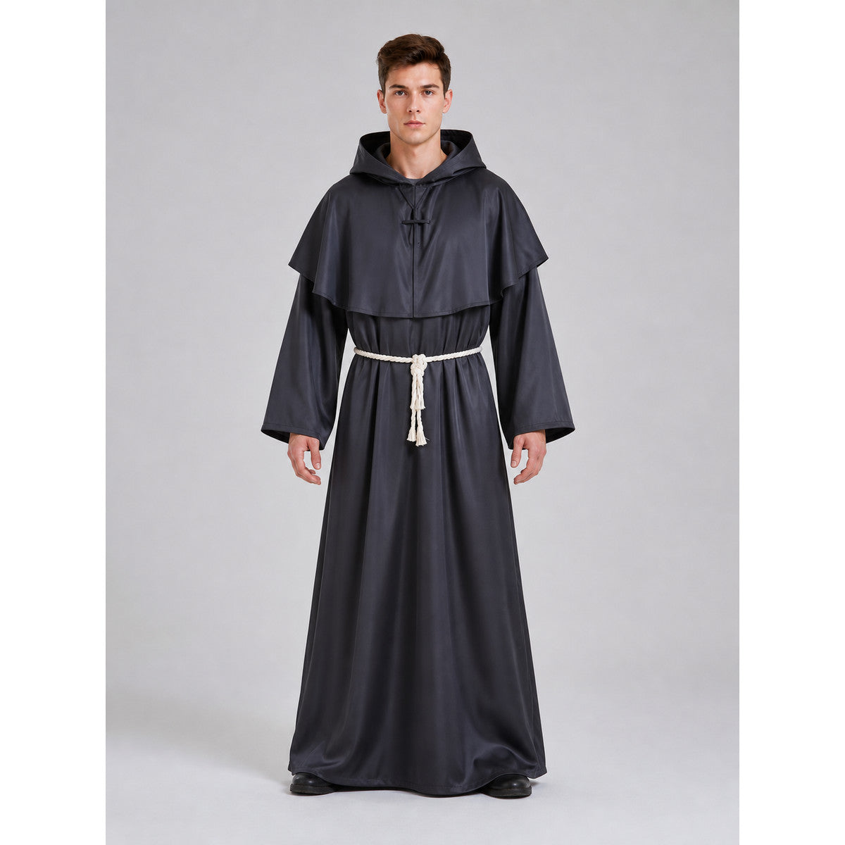 Hooded Monk Costume, Medieval Cloak on-model view