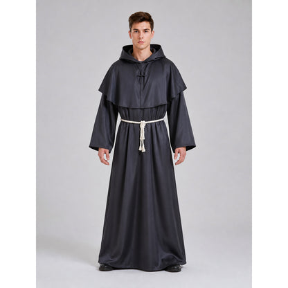 Hooded Monk Costume, Medieval Cloak on-model view