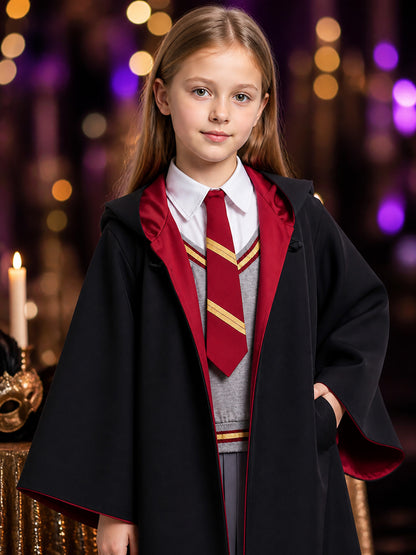 Kids Wizard Robe Costume, Hooded Cape with Red and Gold Stripe Tie, Halloween