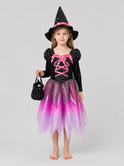 Children's Witch Costume with Full Skirt and Star-Patterned Hat on-model view
