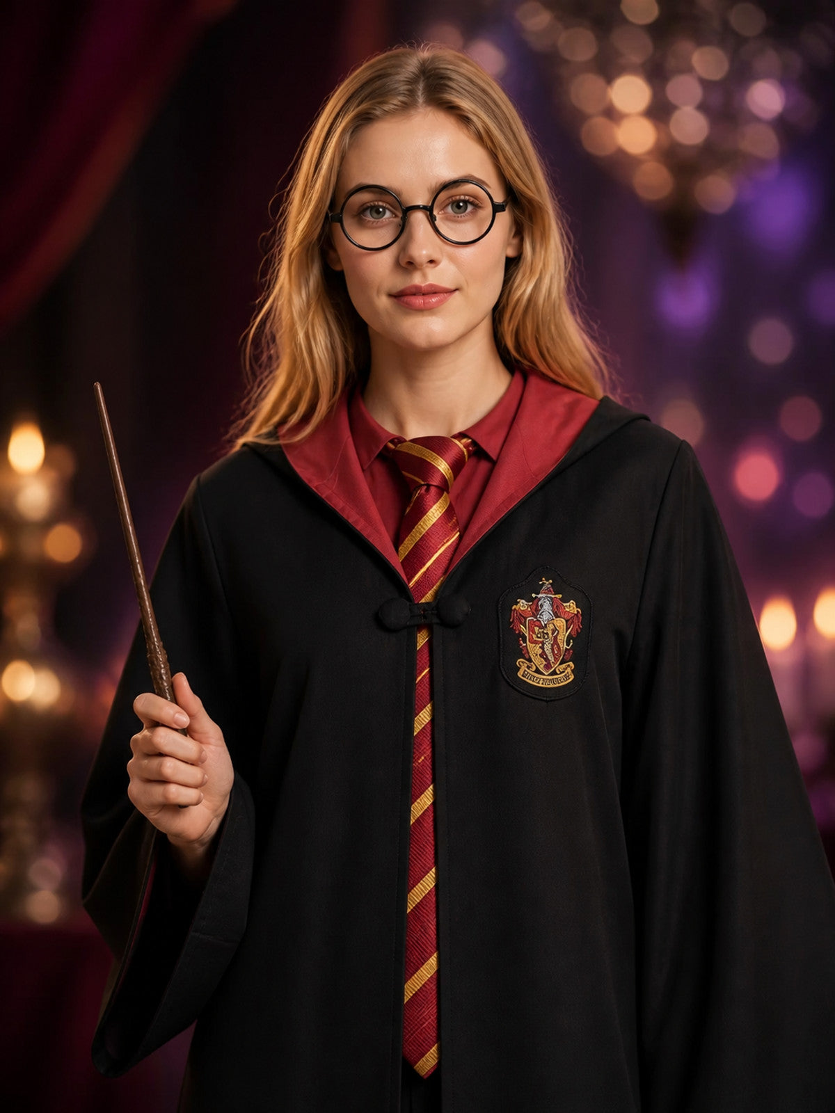 Gryffindor-Style Hooded Robe for Cosplay on-model view