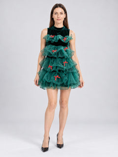 Dark Green Carnival Dress with Red Bows