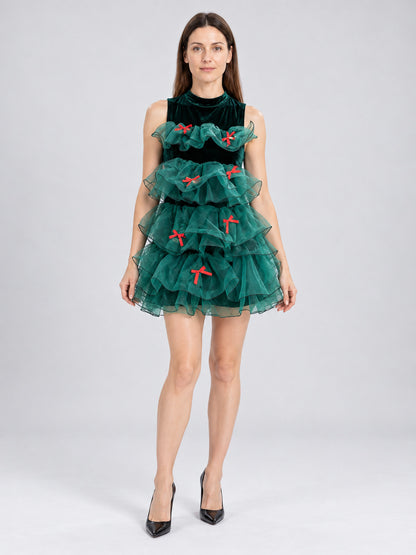 Dark Green Carnival Dress with Red Bows on-model view