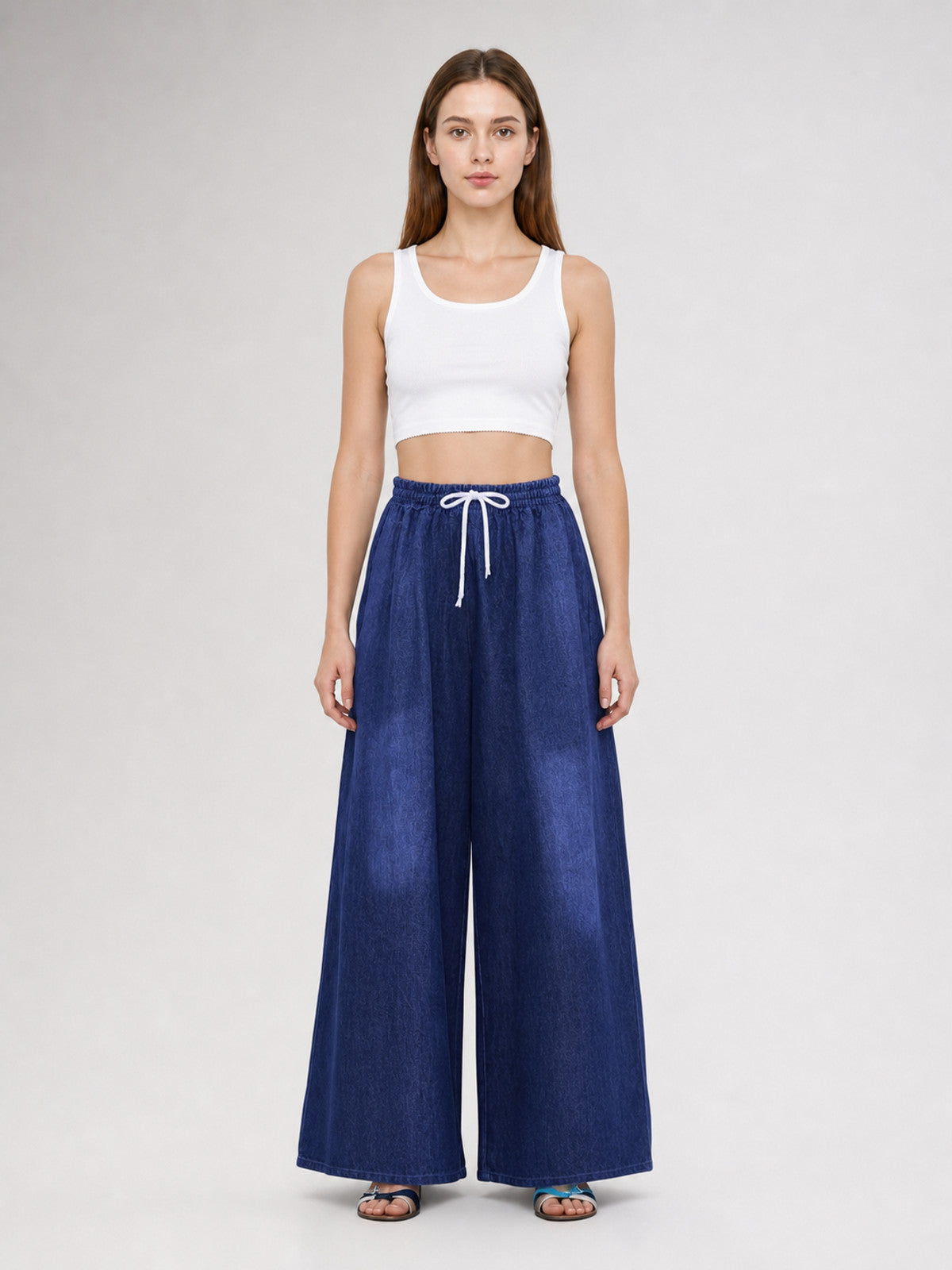 Dark Blue Palazzo Pants with an Elastic Waistband and White Drawstring