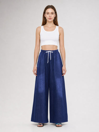 Dark Blue Palazzo Pants with an Elastic Waistband and White Drawstring