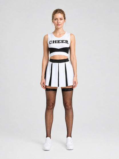 Cheerleader Costume, Top and Skirt, Black and White, S-M on-model view