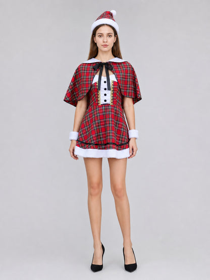 Retro Costume: Plaid Dress with Short Cape on-model view