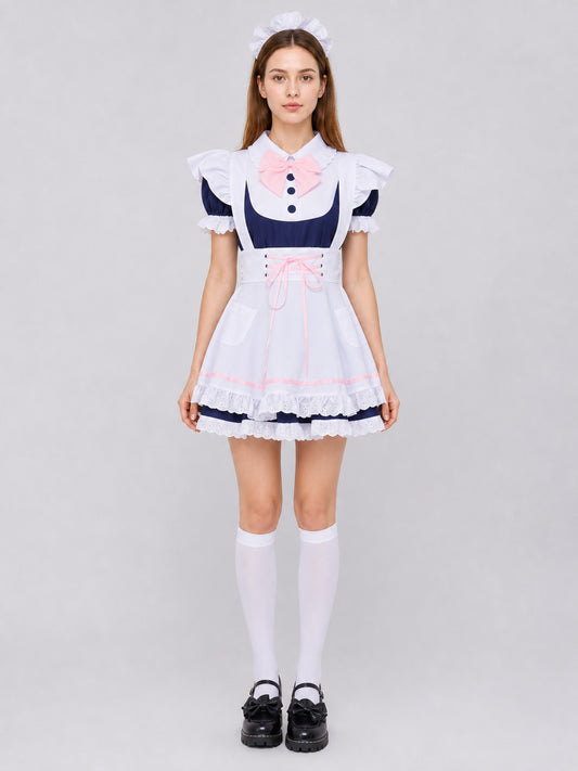 Maid-Style Cosplay Dress with Bow and Ruffles on-model view