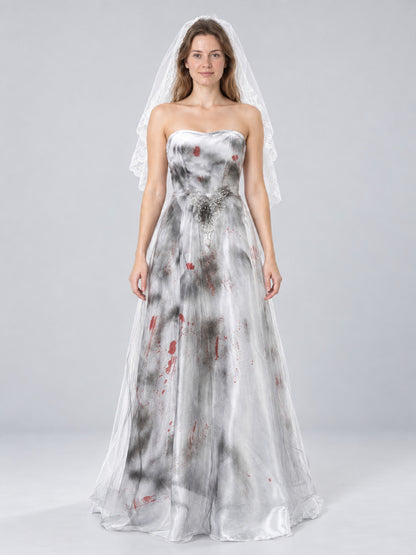 Ghost Bride Carnival Costume with White Lace Veil