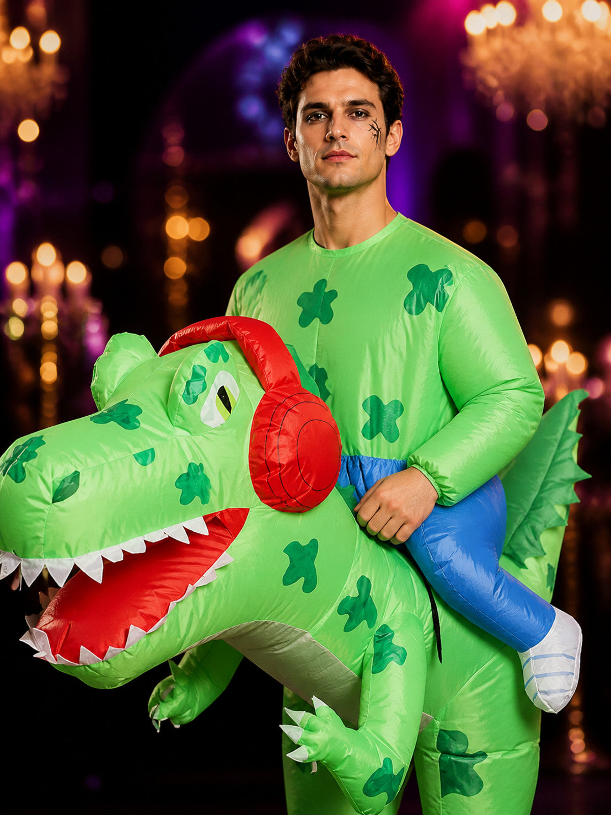 Inflatable Dinosaur Costume, Green Red Spotted Halloween on-model view