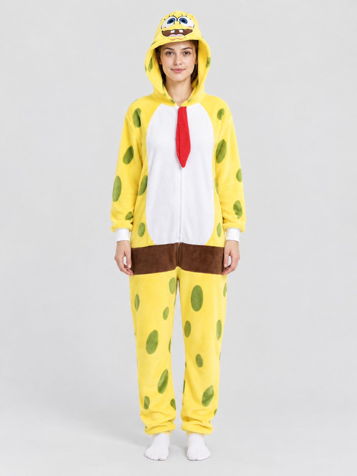 Yellow one-piece kigurumi pajama with cartoon-face hood