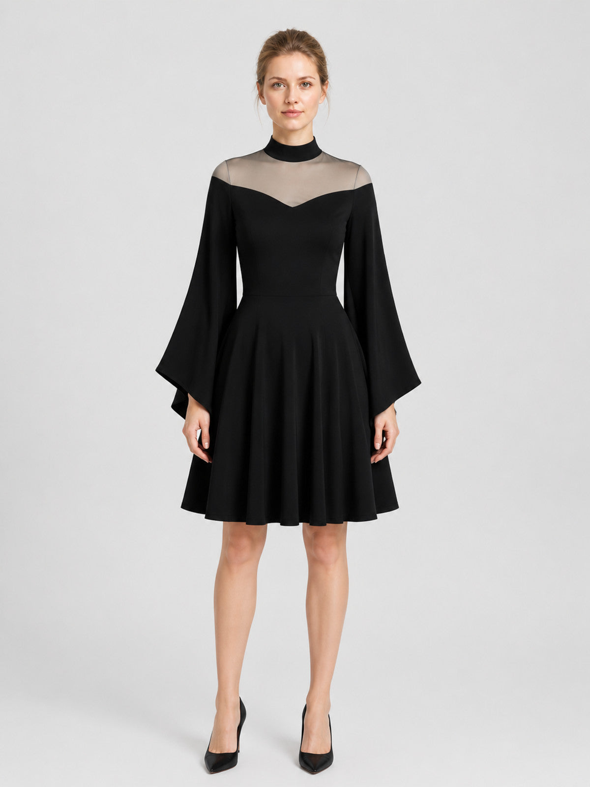 Black Party Dress with Flared Sleeves on-model view