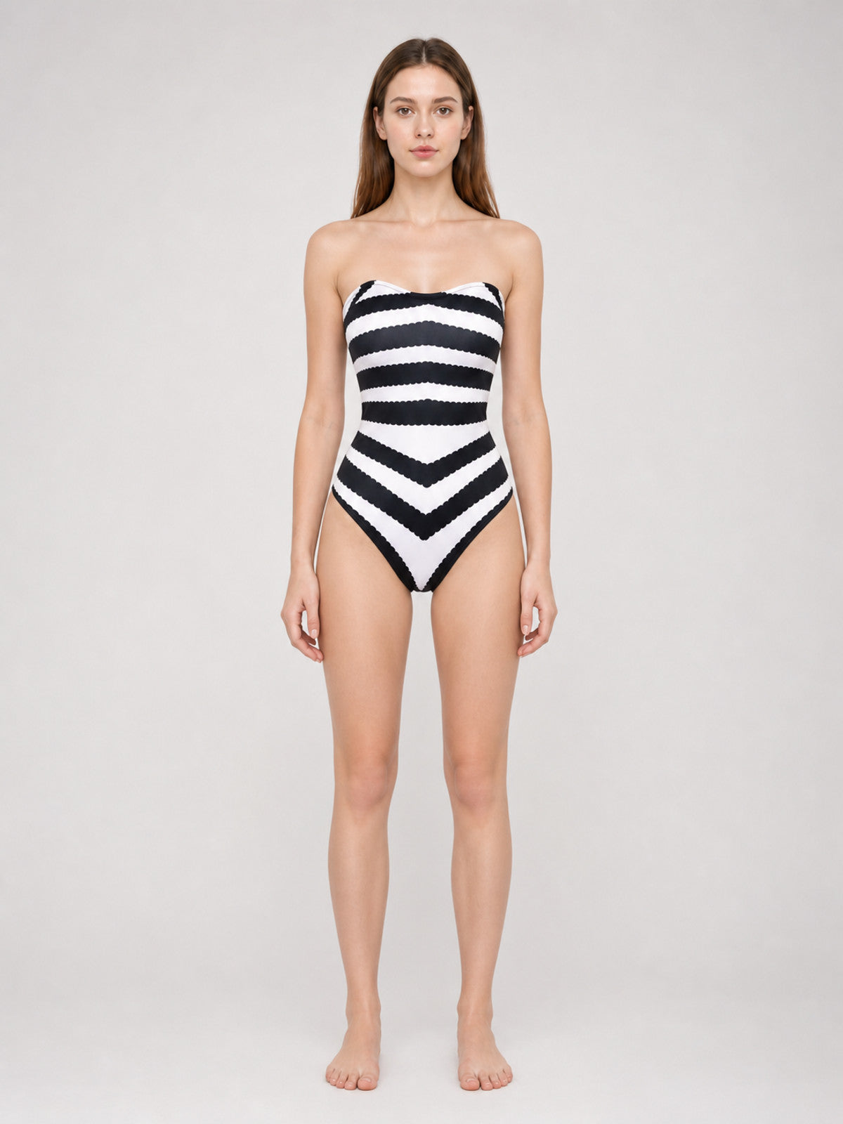 Barbie-Style Cosplay Swimsuit, Black and White Stripes on-model view