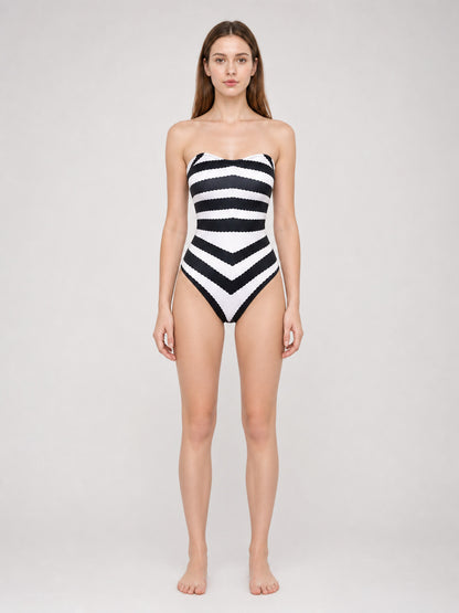 Barbie-Style Cosplay Swimsuit, Black and White Stripes on-model view