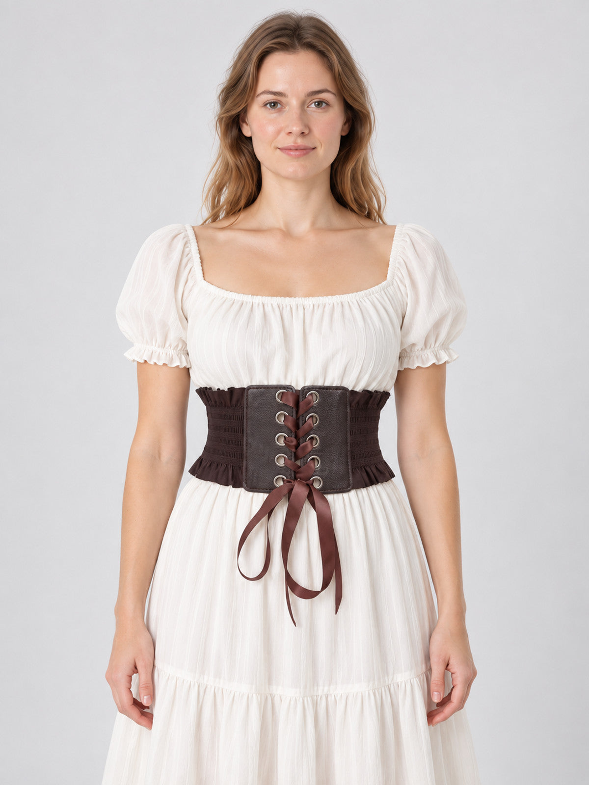 Brown textile corset belt with eyelets and lacing