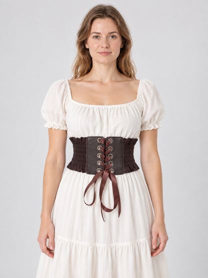 Brown textile corset belt with eyelets and lacing