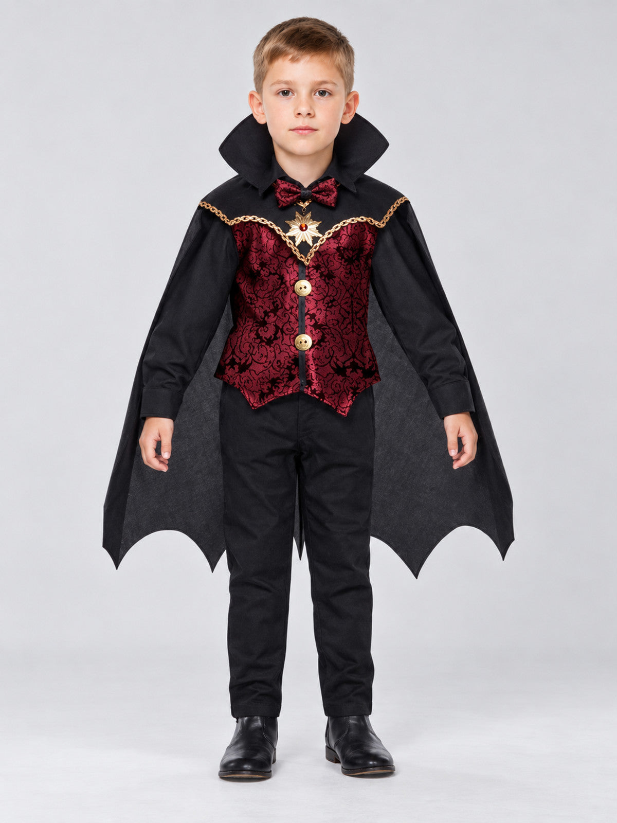 Kids' vampire carnival costume, burgundy vest, cape