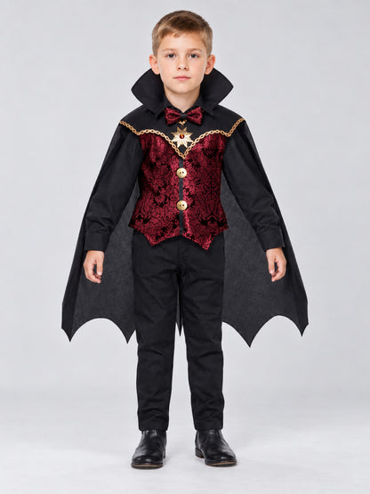 Kids' vampire carnival costume, burgundy vest, cape