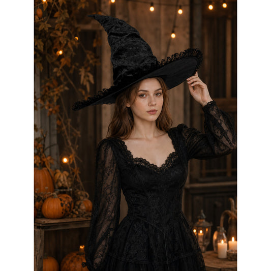 Black Halloween Witch Hat with Tall Crooked Pointed Crown, Wide Brim, Ruched Textured Velvet-Like Fabric and Lace Trim Gothic Costume Accessory for Cosplay Party Photo Shoot
