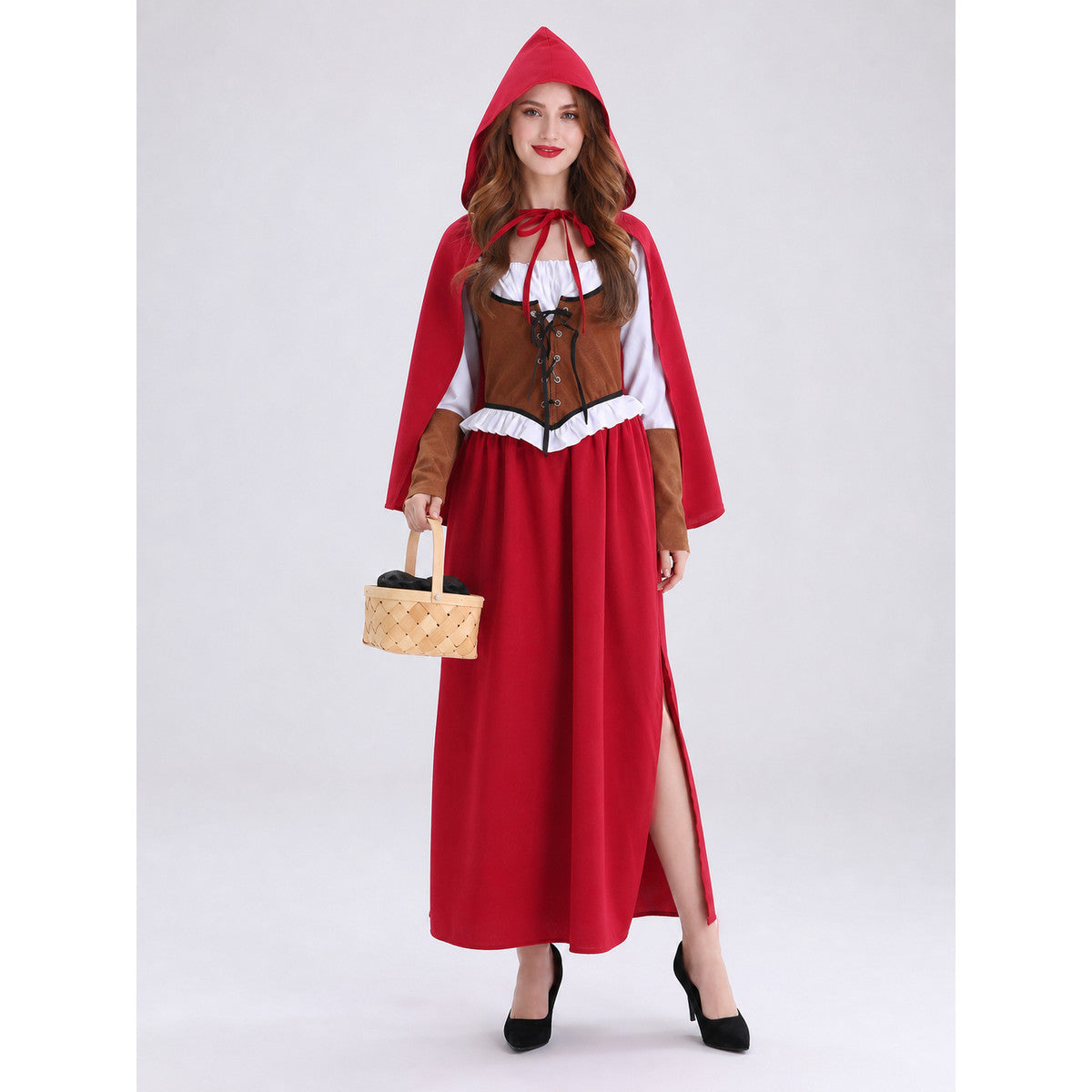 Little Red Riding Hood Costume with Cape and Hood on-model view