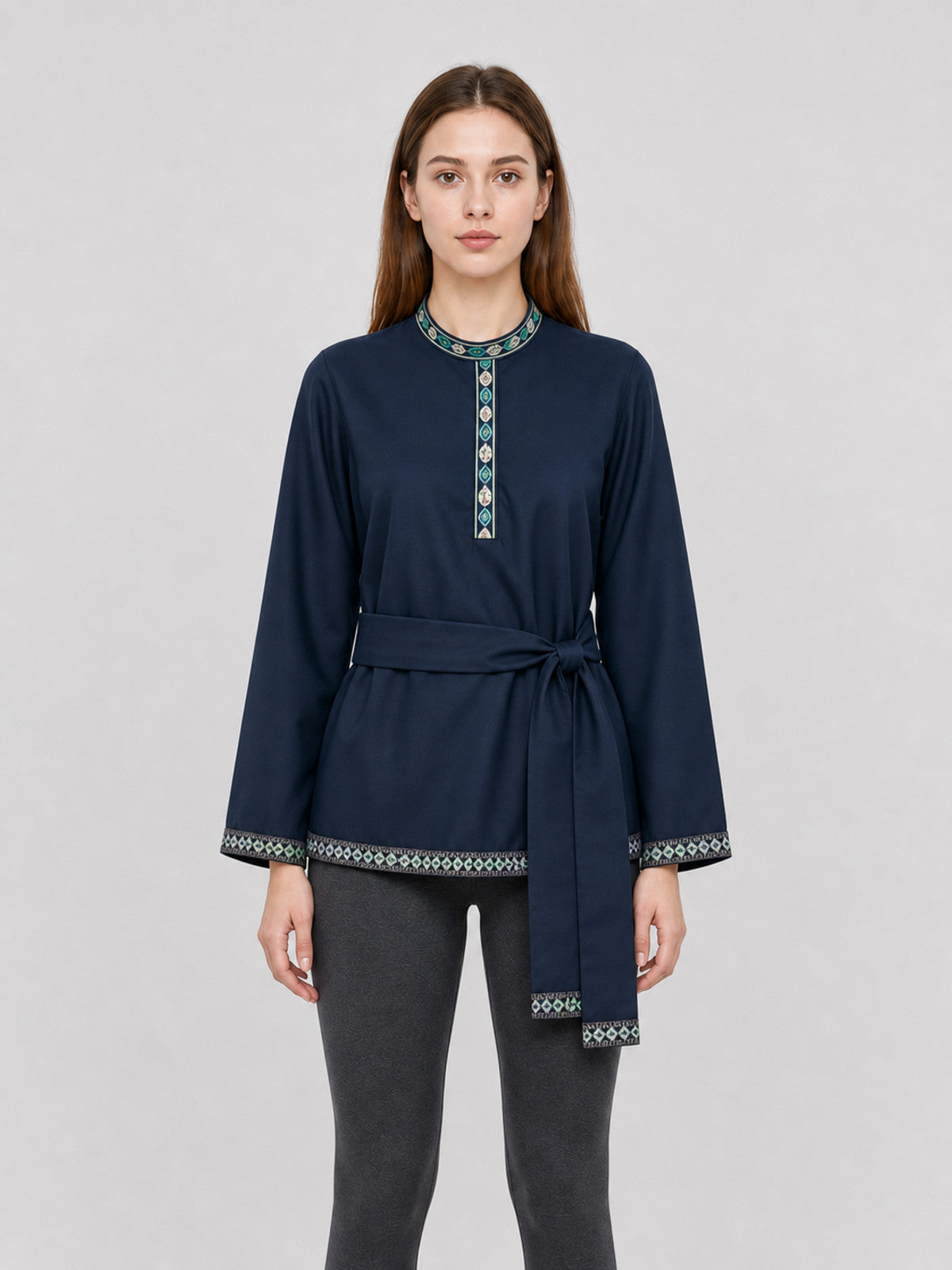 Dark Navy Tunic with Stand Collar and Belt front view