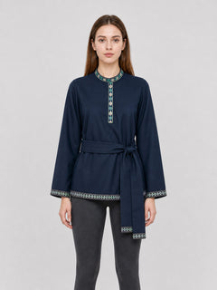 Dark Navy Tunic with Stand Collar and Belt