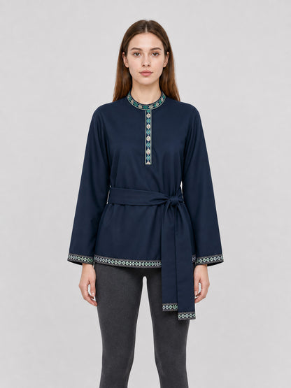 Dark Navy Tunic with Stand Collar and Belt front view