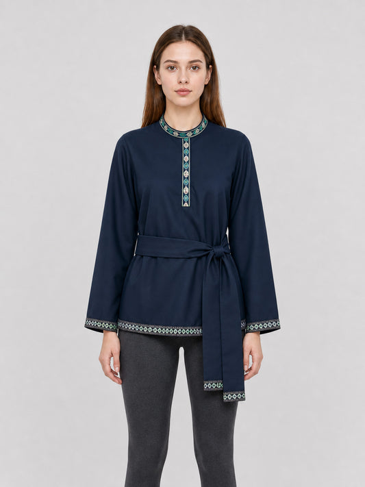 Dark Navy Tunic with Stand Collar and Belt front view
