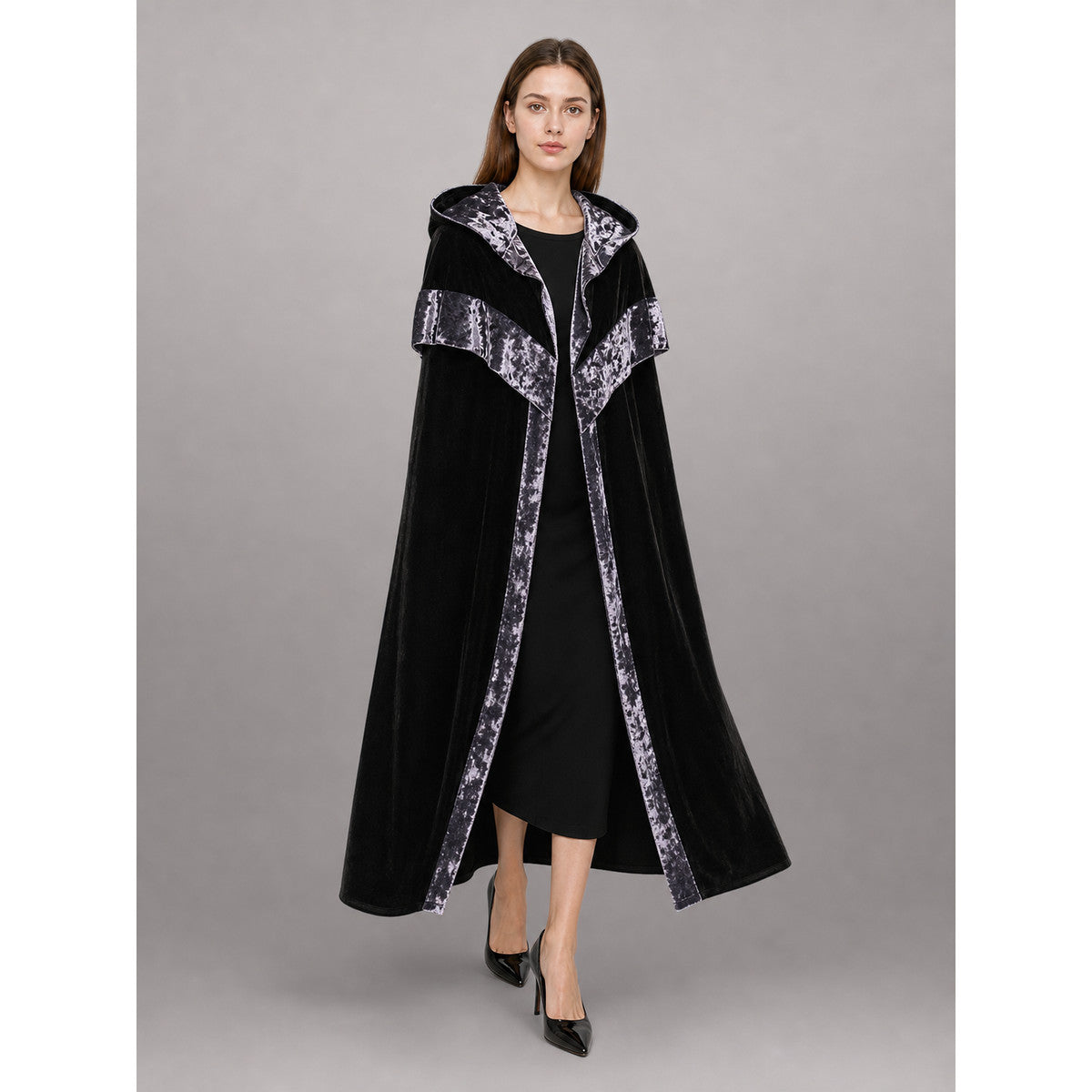 Black Carnival Cloak with Hood and Trim front view