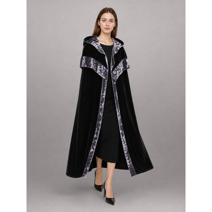 Black Carnival Cloak with Hood and Trim front view