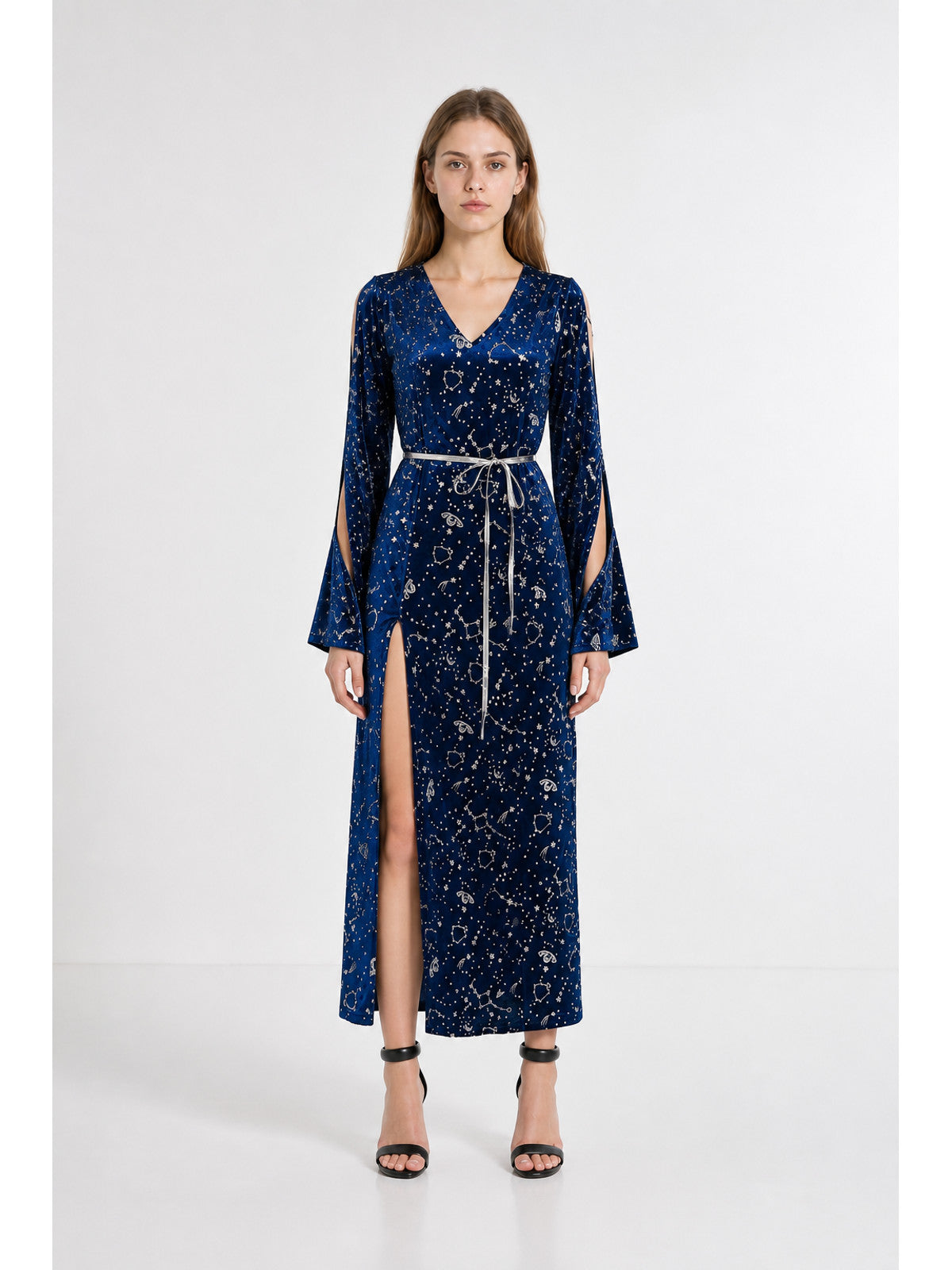 Long Blue Dress with Star and Moon Print, Flared Sleeves main product view