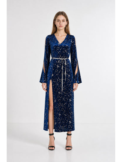 Long Blue Dress with Star and Moon Print, Flared Sleeves main product view