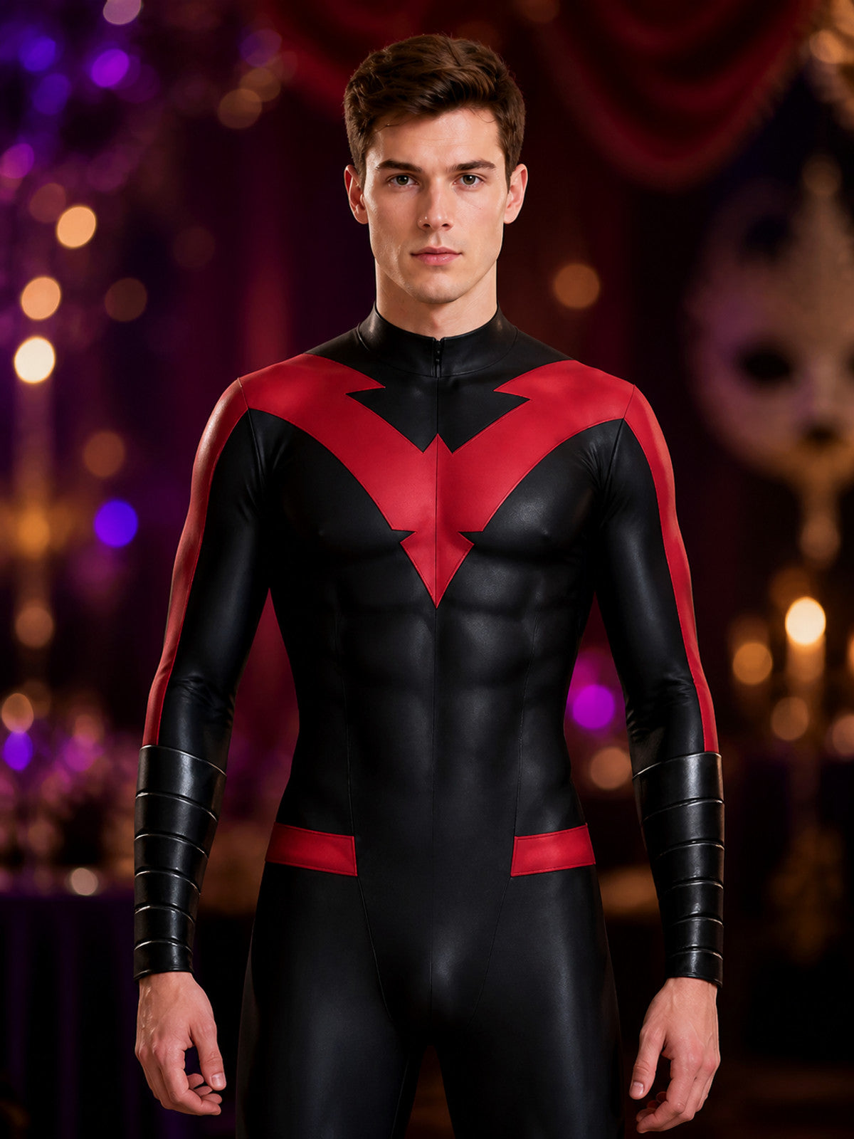 Men's Nightwing Cosplay Red and Black Muscle Print Bodysuit Costume on-model view