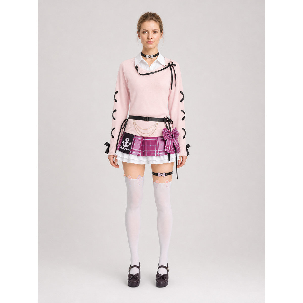 Aqua Cosplay: Pink Top, Plaid Skirt, Bows, Knee-High Socks on-model view