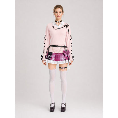 Aqua Cosplay: Pink Top, Plaid Skirt, Bows, Knee-High Socks on-model view