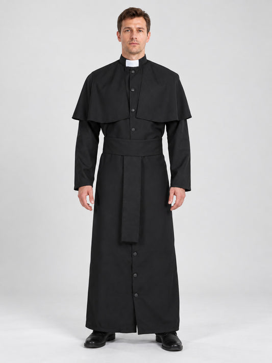 Priest Costume with Cape, Belt, and White Collar