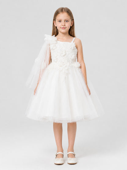 White Full Dress with Lace Embroidery and Flowers on-model view