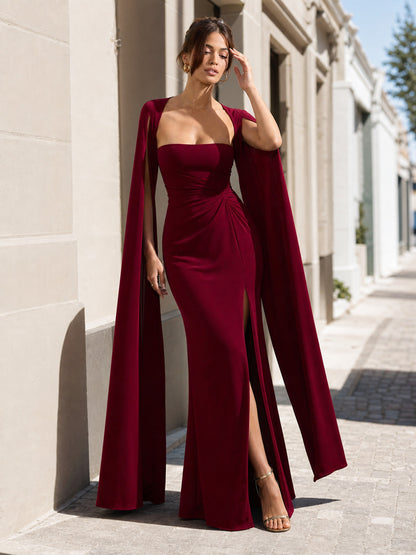 Long Burgundy Dress with Square Neckline and Slit main product view