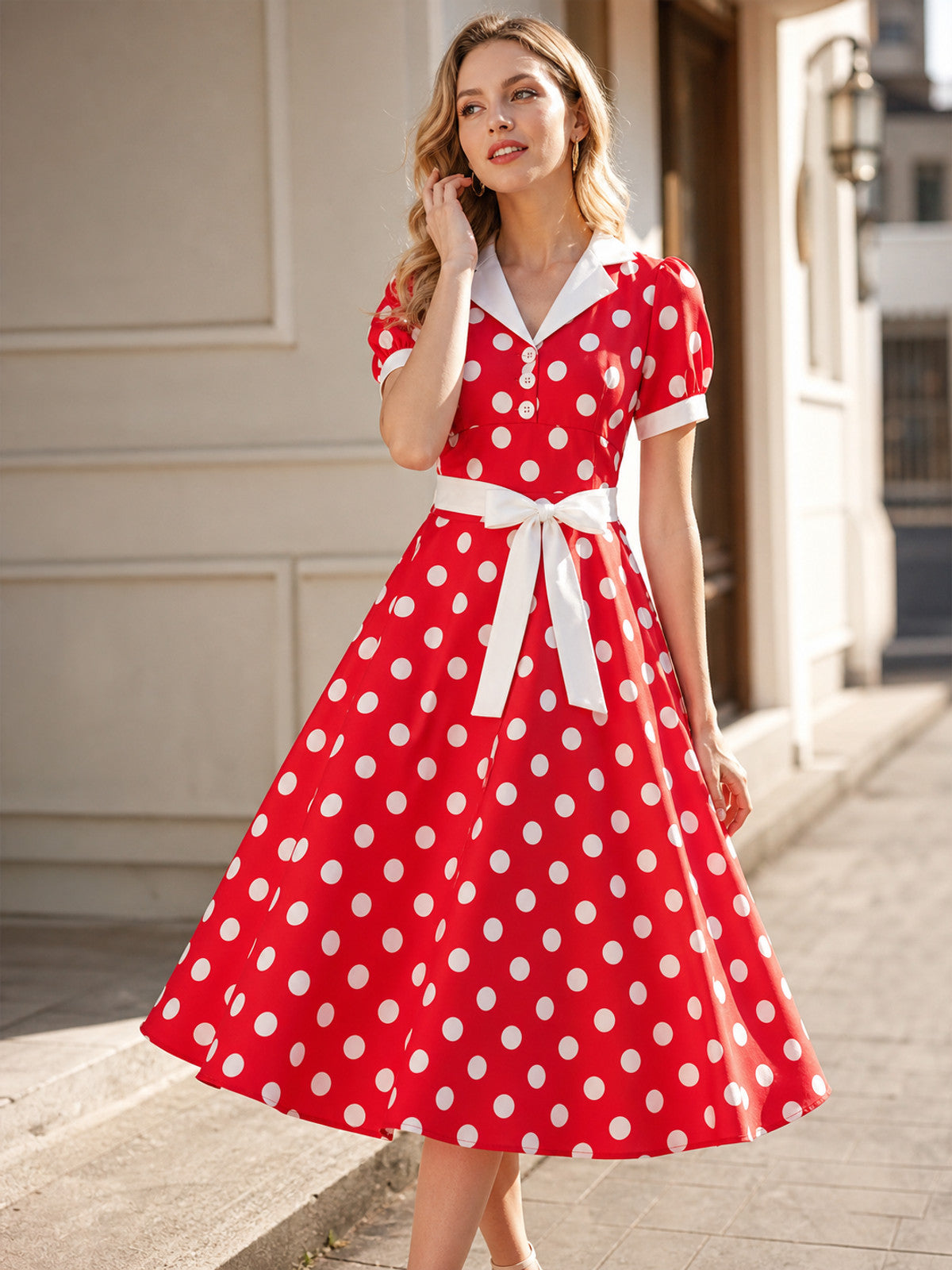 Polka-Dot Dress with a Fold-Over Collar and Belt main product view