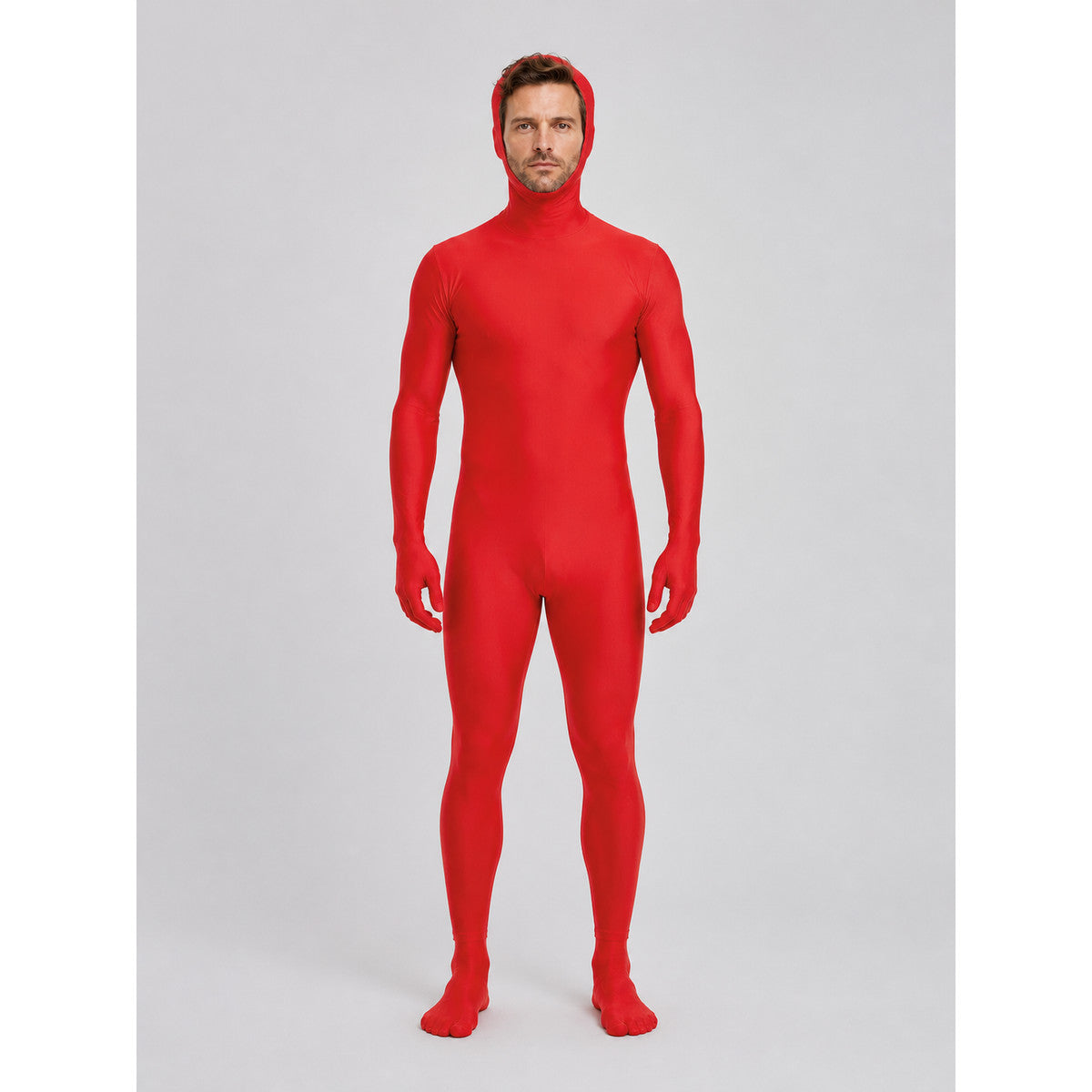 Red Zentai Suit with Open Face and Hood on-model view