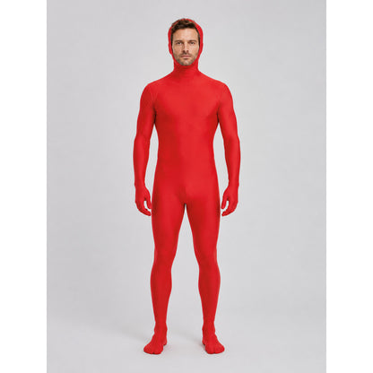 Red Zentai Suit with Open Face and Hood on-model view