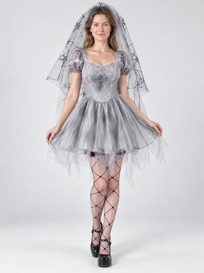 Carnival Cosplay Costume Gray Dress Veil Stockings