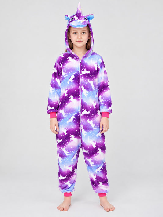 Adult purple galaxy unicorn hooded onesie pajama jumpsuit front view