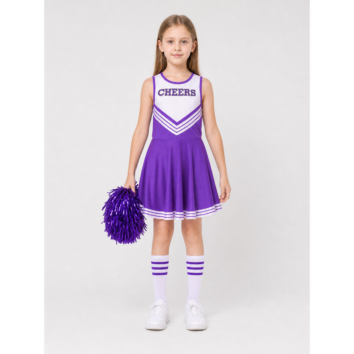 Cheerleader Costume with Pom-Poms and Striped Knee-High Socks on-model view