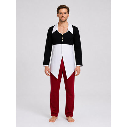 Iori Yagami Cosplay Costume, Black-and-White Top, Red Pants on-model view
