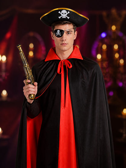 Pirate Costume Set, Black Red Double-Sided Cape with Skull Hat, Eye Patch and on-model view